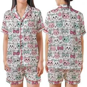 Kawaii Cat Lovers' Seamless Pastel Pink Teal Blue White Cartoon Cat Faces Pattern with Bows, Hearts, & Sunglasses Satin Short-Sleeve Pajamas Set