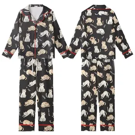 Cat Lovers' Charcoal Black Playful Sleepy Cartoon Cat Pattern Pale Off-White & Beige Kittens White 'cute cat' Text Kid Satin Pajamas Set