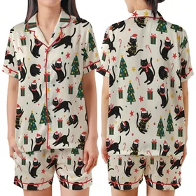 Festive Cat Lovers' Whimsical Black Cat Holiday Pattern with Red Santa Hats, Green Lights & Christmas Trees on Cream Satin Short-Sleeve Pajamas Set