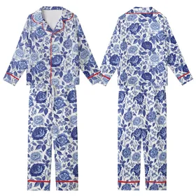 Women's Hand-Drawn Vintage Chintz Sapphire Azure Blue Rose Peony Leafy Botanical Pattern Kid Satin Pajamas Set