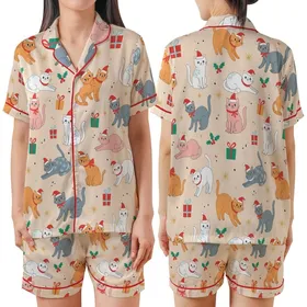 Christmas Cat Lovers' Whimsical Peach Festive Felines, Holly, Gifts & Golden Stars Pattern Satin Short-Sleeve Pajamas Set