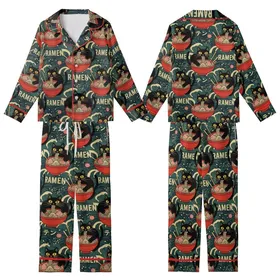 Cat & Ramen Lovers' Vintage Japanese Black Cat Red Ramen Ukiyo-e Teal Wave Pattern Kid Satin Pajamas Set