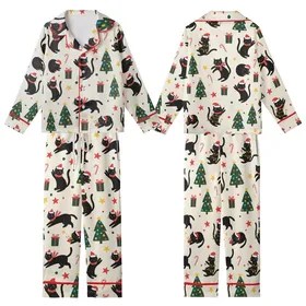 Festive Cat Lovers' Whimsical Black Cat Holiday Pattern with Red Santa Hats, Green Lights & Christmas Trees on Cream Kid Satin Pajamas Set