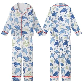 Ocean Lovers' Cerulean Blue Sea Turtle Hand-Drawn Marine Life Chartreuse Green Seamless Pattern Kid Satin Pajamas Set