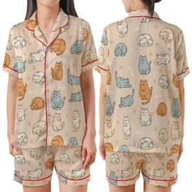 Cat Lovers' Whimsical Plump Cartoon Cats Seamless Pattern in Pastel Grey-Blue Ginger Cream, Pale Peach Background, Paw Prints & Fish Bones Satin Short-Sleeve Pajamas Set