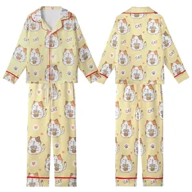 Cat Lovers' Kawaii Calico Cat Boba Tea Pastel Yellow Polka Dot Pattern with Taupe Paw Prints Light Orange Hearts Kid Satin Pajamas Set