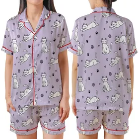 Cat Lovers' Whimsical Flat White Cartoon Cats, Black Paw Prints & Yarn Balls on Light Lavender Pattern Satin Short-Sleeve Pajamas Set