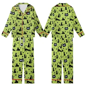 Cat Lovers' Vibrant Lime Green Black Cat Silhouette Heart Pattern with Blue Eye Detail Kid Satin Pajamas Set