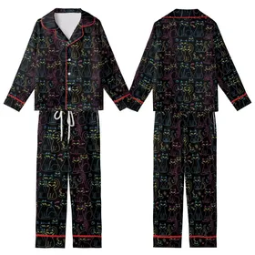Cat Lovers' Dense Whimsical Black Cat Neon Green Pink Blue Yellow All-Over Graphic Pattern Kid Satin Pajamas Set