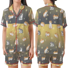 Cat Lovers' Adorable Illustrative Baby Kittens Ginger Grey White Playful Poses Yellow Orange Dreamy Circles Satin Short-Sleeve Pajamas Set