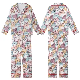 Kawaii Cat Lovers' Seamless Pastel Pink Blue Peach Lavender Cartoon Cats Pattern with Whimsical Yarn Balls Bows Kid Satin Pajamas Set