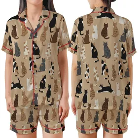 Cat Lovers' Warm Beige Seamless Pattern Diverse Rear-View Cats Calico Tabby Tuxedo Cream Black Gray Brown Fur Satin Short-Sleeve Pajamas Set