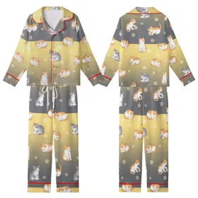 Cat Lovers' Adorable Illustrative Baby Kittens Ginger Grey White Playful Poses Yellow Orange Dreamy Circles Kid Satin Pajamas Set