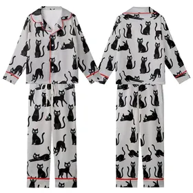 Cat Lovers' Whimsical Black Cat Pattern on Light Heather Gray, Playful Poses, White Eyes, Teal Pupils, Cartoon Style Kid Satin Pajamas Set