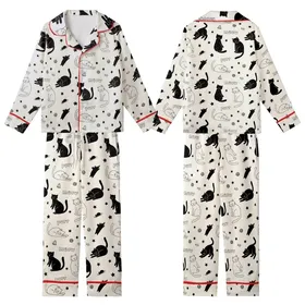Cat Lovers' Whimsical Hand-Drawn Black Doodle Cats Soft Cream Seamless Pattern, Stars, Fishbones, Yarn, Meow Purr Kid Satin Pajamas Set