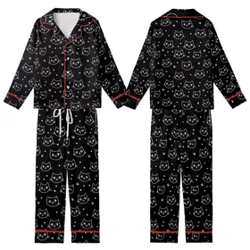 Cat Lovers' Playful Cartoon Cat Face Silhouette Seamless Pattern Black White Lavender Accents Illustrative Vector Art Kid Satin Pajamas Set