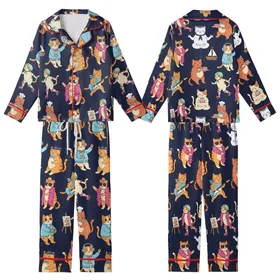 Cat Lovers' Whimsical Cartoon Cat Ensemble Playing Music Baking Sailing DJing on Deep Navy Kid Satin Pajamas Set