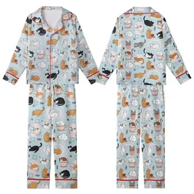 Cat Lovers' Whimsical Illustrative Cat Pattern, Powder Blue, Ginger Tabby Mixed Cats, Pastel Pink Teal Accents Kid Satin Pajamas Set