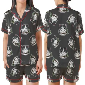 Cat Lovers' Whimsical Black White Grey Tabby Kitten Pattern with Sky Blue Eyes Holding Green Leaf Branch on Charcoal Satin Short-Sleeve Pajamas Set