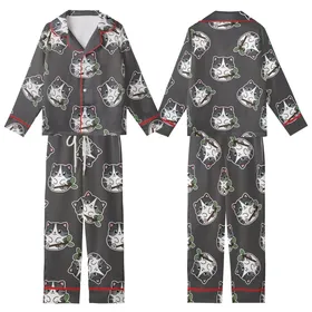 Cat Lovers' Whimsical Black White Grey Tabby Kitten Pattern with Sky Blue Eyes Holding Green Leaf Branch on Charcoal Kid Satin Pajamas Set