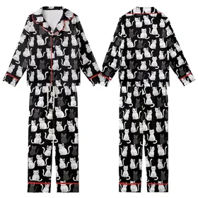 Cat Lovers' Whimsical Black White Grey Cartoon Cats Seamless Playful Pattern Kid Satin Pajamas Set