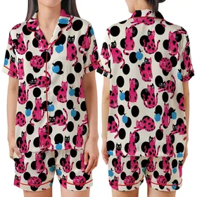Cat Lovers' Whimsical Cream Hot Pink Flat Color Cartoon Cats Blue Apples Polka Dots Pattern Satin Short-Sleeve Pajamas Set