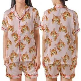 Cat Lovers' Realistic Illustrated Ginger Tabby Cats Playfully Peeking Seamless Warm Orange Brown Cream Soft Pink Pattern Satin Short-Sleeve Pajamas Set