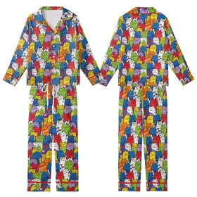 Cat Lovers' Whimsical Cartoon Cat Doodle Pattern in Vibrant Multi-Color with Stars and Paw Prints Kid Satin Pajamas Set