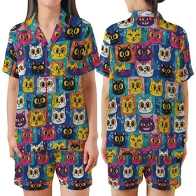 Cat Lovers' Playful Multi-Color Cartoon Cat Faces Block Mosaic with Teal Pink Purple Yellow Graffiti Accents Satin Short-Sleeve Pajamas Set