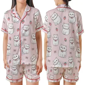 Cat Lovers' Adorable Plump Pastel Pink Cartoon Cats Strawberry Bow Pattern Satin Short-Sleeve Pajamas Set