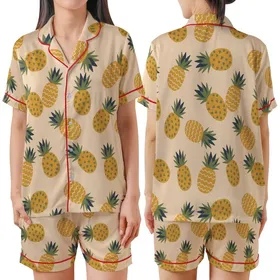 Playful Tropical Design: Golden Pineapples, Olive Hearts on Pale Peach - Fabric Art Kid Satin Pajamas Set
