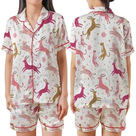 Whimsical Style Lovers' Stylized Jungle Creatures Repeat Pattern with Pastel Pink Magenta Camel Brown Gold & Dark Brown Line Art Satin Short-Sleeve Pajamas Set