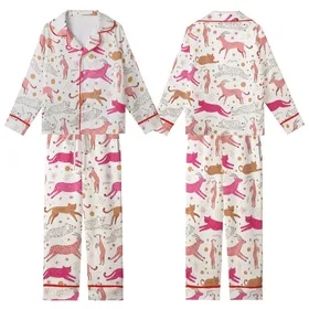 Whimsical Style Lovers' Stylized Jungle Creatures Repeat Pattern with Pastel Pink Magenta Camel Brown Gold & Dark Brown Line Art Kid Satin Pajamas Set