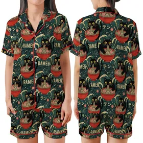 Cat & Ramen Lovers' Vintage Japanese Black Cat Red Ramen Ukiyo-e Teal Wave Pattern Satin Short-Sleeve Pajamas Set