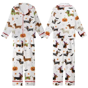 Dachshund Lovers' Whimsical Halloween Dachshund Costumes Pattern with Skeletons, Witches, Bats, Pumpkins, & Ghosts in Orange, Purple, Green Kid Satin Pajamas Set