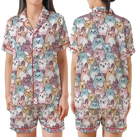 Kawaii Cat Lovers' Seamless Pastel Pink Blue Peach Lavender Cartoon Cats Pattern with Whimsical Yarn Balls Bows Satin Short-Sleeve Pajamas Set