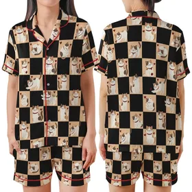 Cat Lovers' Whimsical Jet Black Peachy-Orange Checkerboard Cartoon Cat Heart Pattern Satin Short-Sleeve Pajamas Set