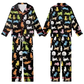 Cat Lovers' Playful Cartoon Cats Seamless Pattern with Multi-color Flat Art on Black Kid Satin Pajamas Set