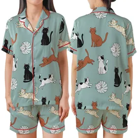Cat Lovers' Playful Multi-Color Cartoon Cats Light Teal Flat Illustrative Seamless All-Over Print Pattern Satin Short-Sleeve Pajamas Set