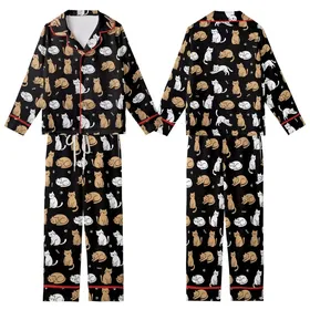 Cat Lovers' Cute Black Tan White Playful Cartoon Cats Paw Print Seamless Pattern Kid Satin Pajamas Set