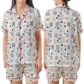 Cat Lovers' Minimalist Black Outline Cats Playful Poses White Desaturated Pink Geometric Squares Satin Short-Sleeve Pajamas Set