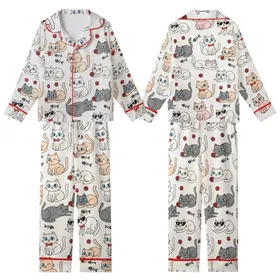 Cat Lovers' Whimsical Flat Cartoon Cats Seamless Pattern with Red Bow Ties, Pink Sunglasses, Yarn Balls, Off-White, Pink, Grey Hues Kid Satin Pajamas Set