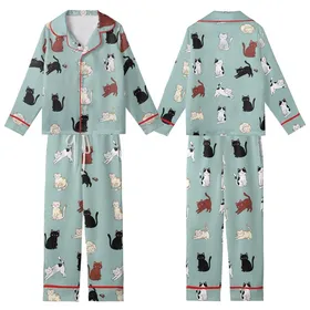 Cat Lovers' Playful Multi-Color Cartoon Cats Light Teal Flat Illustrative Seamless All-Over Print Pattern Kid Satin Pajamas Set