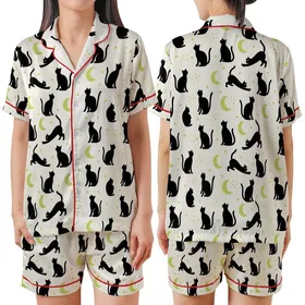 Cat Lovers' Minimalist Black Cat Silhouette Playful Poses Off-White Pale Lime Green Moon Star Pattern Satin Short-Sleeve Pajamas Set