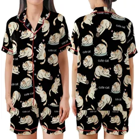 Cat Lovers' Seamless Black Kawaii Flat 2D Cartoon Cats Playful Sleepy Tan Brown White Pink Outline Pattern Satin Short-Sleeve Pajamas Set
