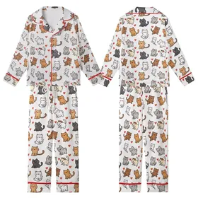 Kawaii Animal Lovers' Cute Cats Dogs Rabbits Playful Seamless Pattern White Grey Tan Flat Design Kid Satin Pajamas Set