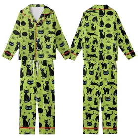 Cat Lovers' Whimsical Lime Green Black Cat Silhouettes Blue-Eyed Heads Pattern Kid Satin Pajamas Set