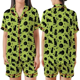 Cat Lovers' Playful Black Cat & Tiny Mouse Silhouette All-Over Vibrant Lime Green Design Satin Short-Sleeve Pajamas Set