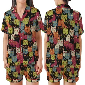 Cat Lovers' Whimsical Hand-Drawn Folk Art Charcoal Black Rust Sage Cream Feline Pattern Satin Short-Sleeve Pajamas Set