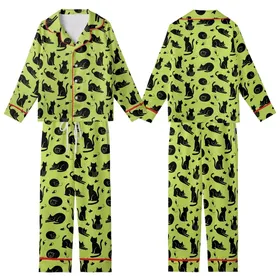 Cat Lovers' Playful Black Cat & Tiny Mouse Silhouette All-Over Vibrant Lime Green Design Kid Satin Pajamas Set